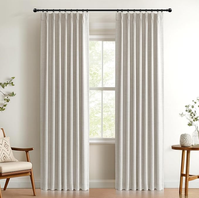 Pinch Pleated Full Blackout Faux Linen Curtains 84 Inches Long | Beige by 100BlackoutShield
