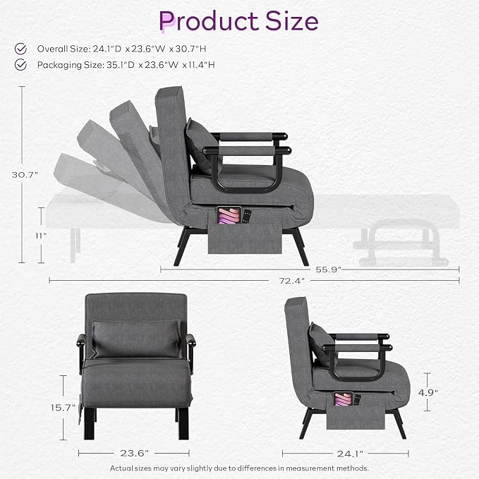TYBOATLE Sleeper Chair Bed Set of 2, Small Folding Sofa Bed, Dark Grey | Comfy - Image 9