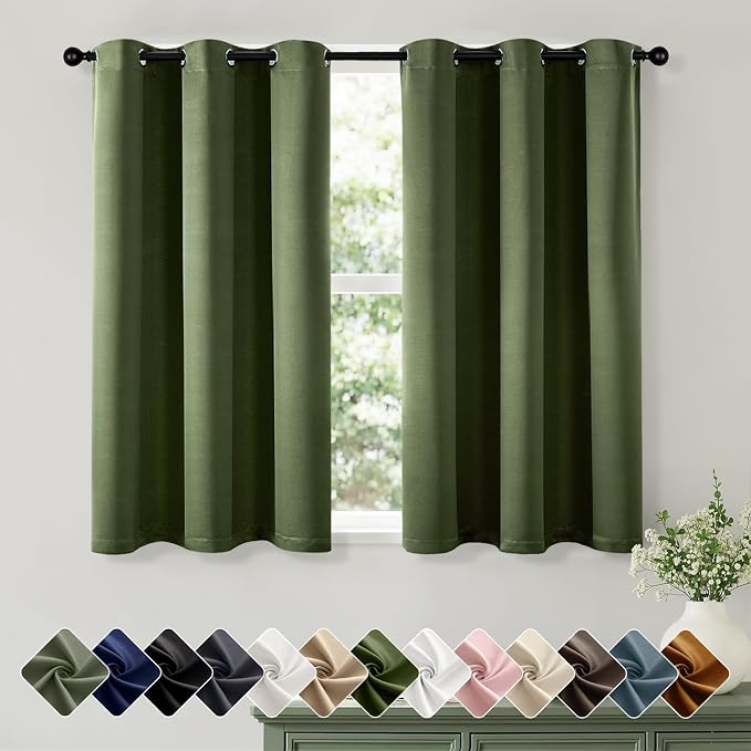 Short Olive Green Blackout Kitchen Curtain W40 x L45 Inch 2 Panels | Thermal by Woaboy