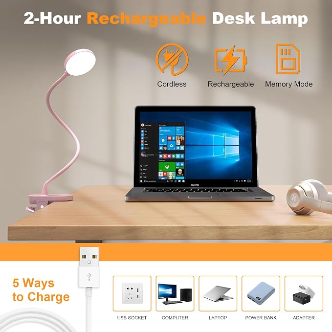 Rechargeable Clip on Light for Bed, Cute LED Reading Lamp for Girls Dorm Room - Image 4