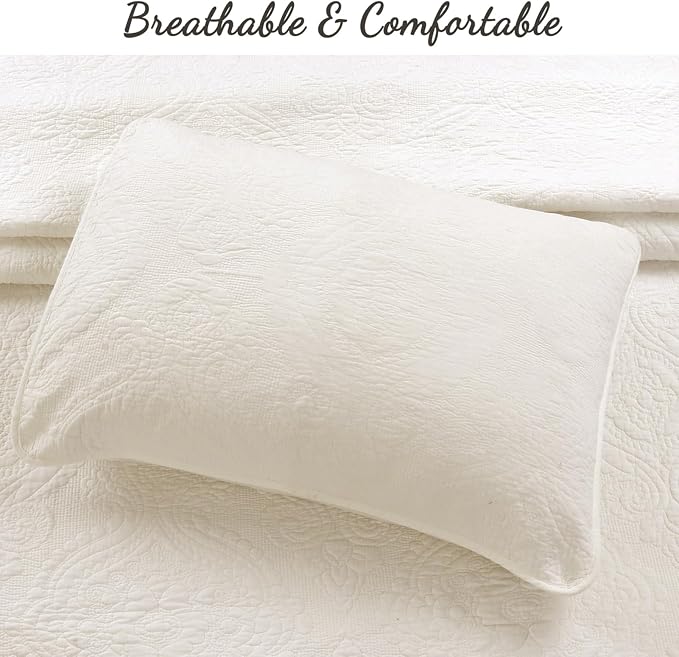 Cozy Line Home Fashions Ivory Cotton Quilt Set – 3-Piece Quilted Damask - Image 4