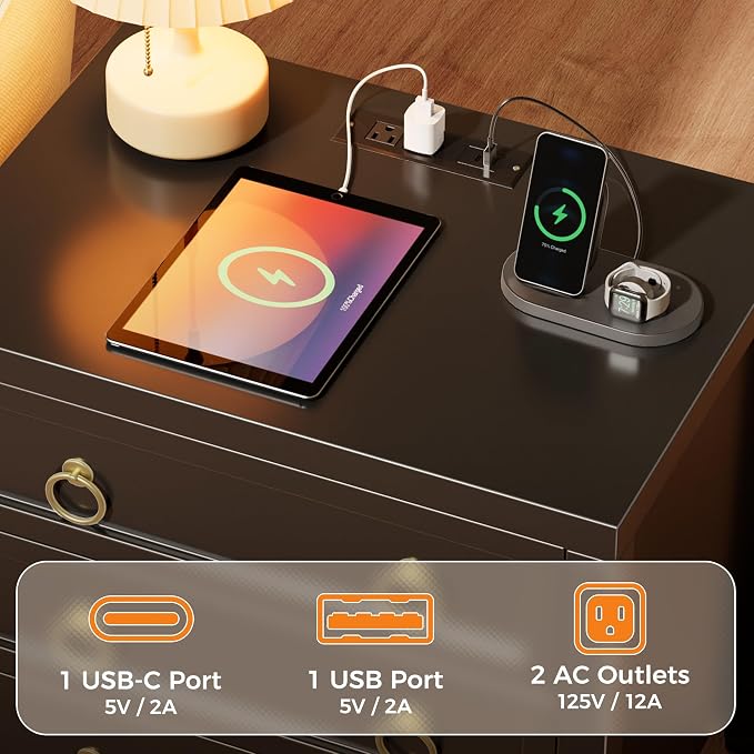 Huuger Night Stand with Charger Station and USB-C Port, 3 Drawer Nightstand | - Image 3