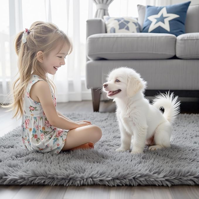 6x9 Shag Area Rug for Living Room, Light Grey Soft Plush Fluffy Carpet | - Image 8