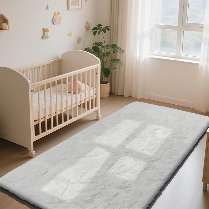White 2x8 Area Rugs for Bedroom, Fluffy Shag Rug Small Rug Bedside Carpet | - Image 4