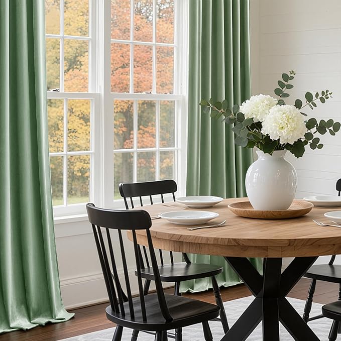 Extra Long Sage Green Velvet Blackout Curtains 108 Inches Room Darkening | - Image 4