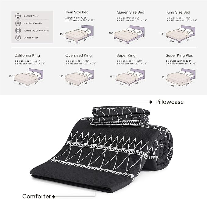 Black Oversized Super King Quilt Set, 3 Pieces Striped Bedspread | Boho Soft - Image 6