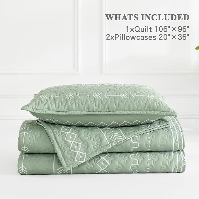 Sage Green King Size Quilt Set, 3 Pieces Boho Striped Bedspread | Soft - Image 8