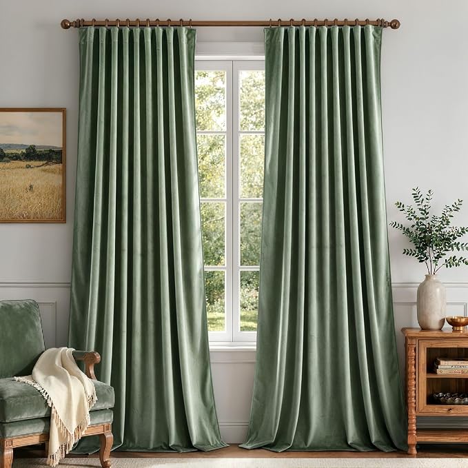 MIULEE Sage Green Velvet Pinch Pleat Blackout Curtains W52 X L84 Inches | 2 - Image 7