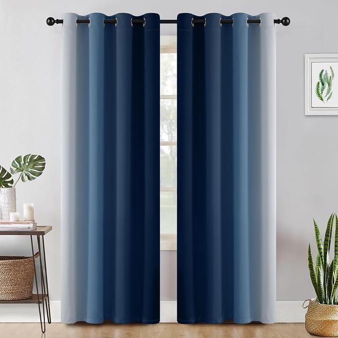 COSVIYA Curtains & Drapes Grommet Ombre Dark Blue Curtains W52 x L90 Inch | - Image 2