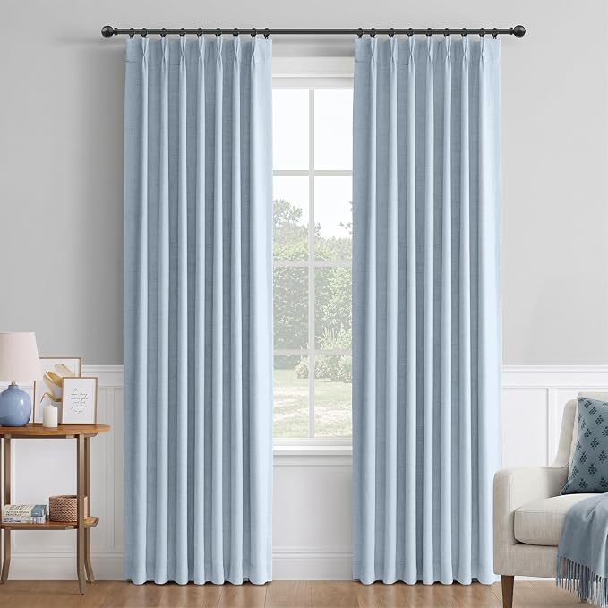 Pinch Pleated Full Blackout Faux Linen Curtains 96 Inches Long | Chambray Blue by 100BlackoutShield