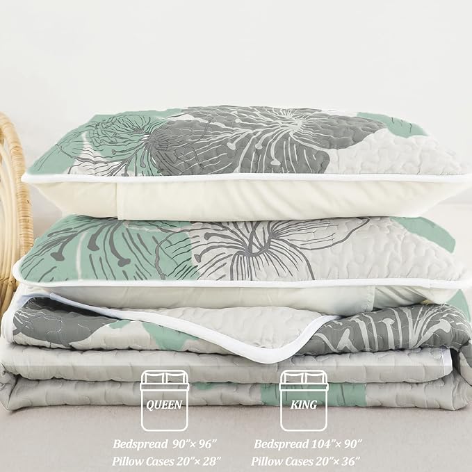 DJY 3 Pieces Quilt Set King Green Floral Pattern Quilt Coverlet Elegant Boho - Image 6