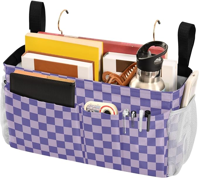 Purple Checkerboard Print Bedside Caddy Storage Bag Bedside Organizer - Image 3