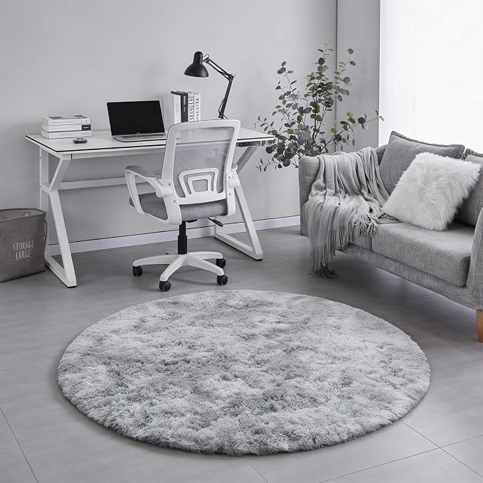 Amdrebio Tie-Dyed Light Grey Fluffy Area Round Rug 5Ft - Image 8