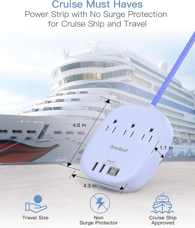 Cruise Ship Travel Essentials, 22.5W/4.5A Flat Plug Power Strip, 3 Outlets 4 - Image 4