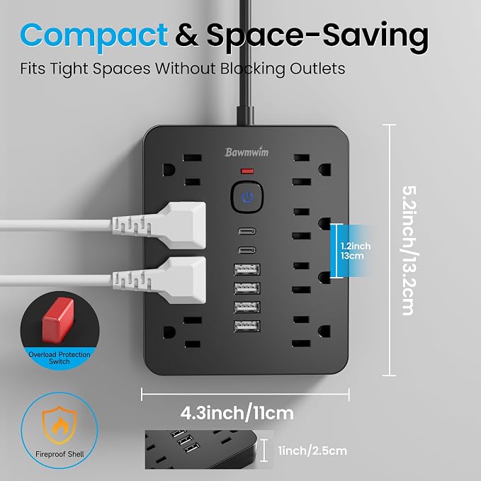 Surge Protector Power Strip, 8 Outlets, 6 USB Charging Ports, 6FT Flat Plug - Image 6