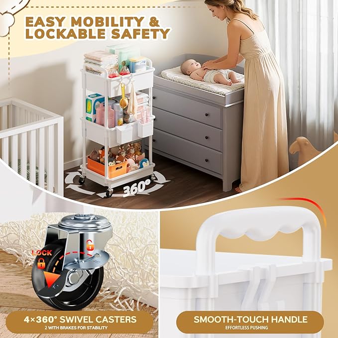 Goovilla Diaper Cart with Lockable Wheels and Easy Assembly, 3 Tier White | - Image 5