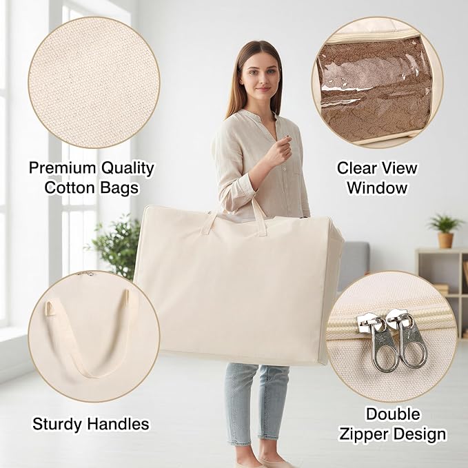 Comforter Storage Bags 70L Canvas Closet Organizer Clothes Container 4 Pack | - Image 3