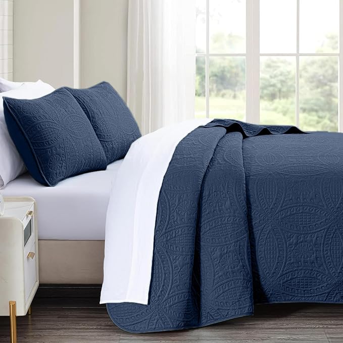 akkialla 118"x106" Navy California King Quilt Set, Oversized Floor-Length - Image 4