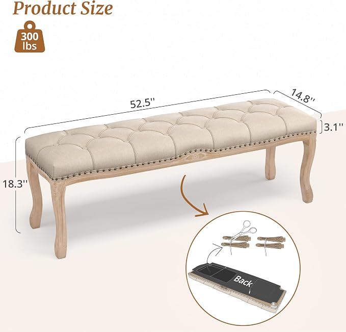 Bedroom Bench, French Vintage Tufted Entryway 52.5" Carving Upholstered End of - Image 3