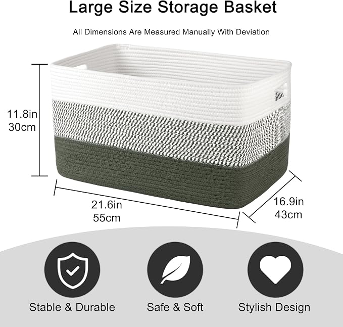 OIAHOMY Blanket Basket Laundry Basket Dog Toy Basket 75L Green/White | Large - Image 3