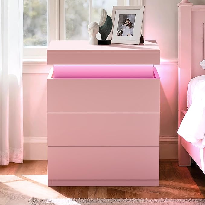ADORNEVE Pink Nightstand with Charging Station and LED Lights | Night Stand by ADORNEVE