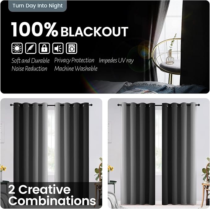 SimpleHome 100% Blackout Ombre Bedroom Curtains Black and Greyish White - Image 2