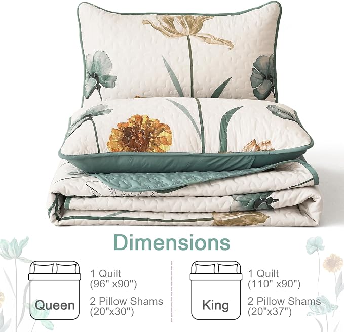 WONGS BEDDING Floral Quilt Set King Size, Aqua Botanical Coverlet | Farmhouse - Image 7