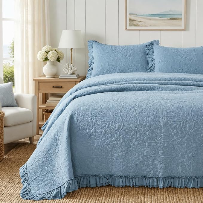 Brandream Luxury 100% Cotton Quilt Set Queen Size Blue Floral Vine Matelasse by Brandream