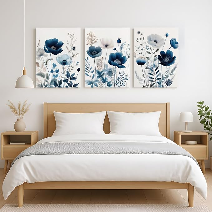 LLEEMPI Framed Navy Blue Floral Wall Art Set of 3, 12x16 Inch Canvas Prints | - Image 5