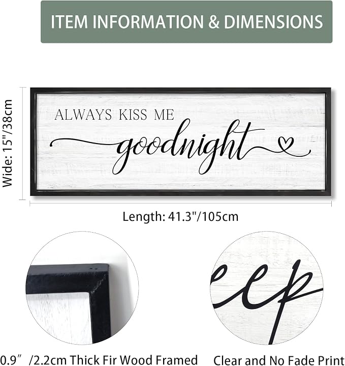 Always Kiss Me Goodnight Wall Sign Above Bed 41.3''×15'' Large Farmhouse Wall - Image 2