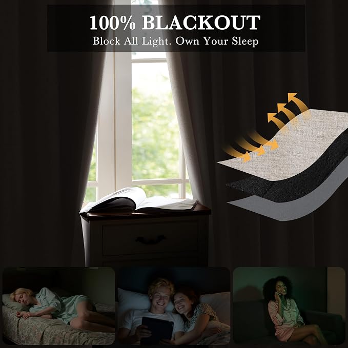 RYB HOME Natural Beige 100% Blackout Short Curtains 45 Inch Long | Thermal - Image 3