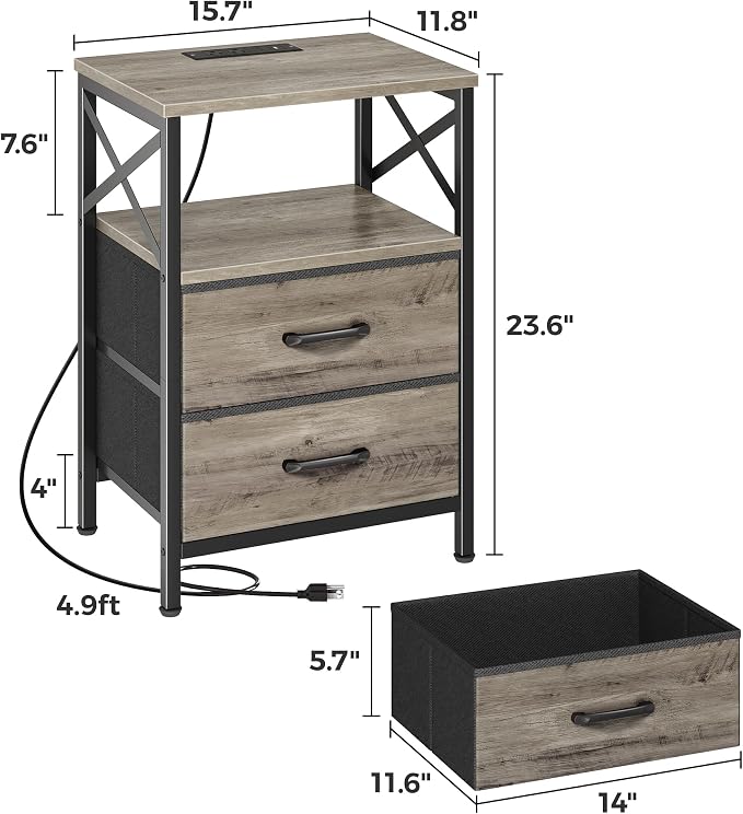 Huuger Night Stand with Charger Station, USB-C Port, End Table | 2 Drawer - Image 3