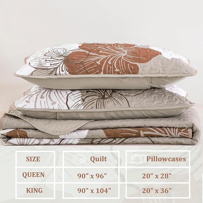 DJY Quilt Queen Size, Fall Taupe Floral Boho Bedspread Bedding Set 3 Pcs | - Image 6