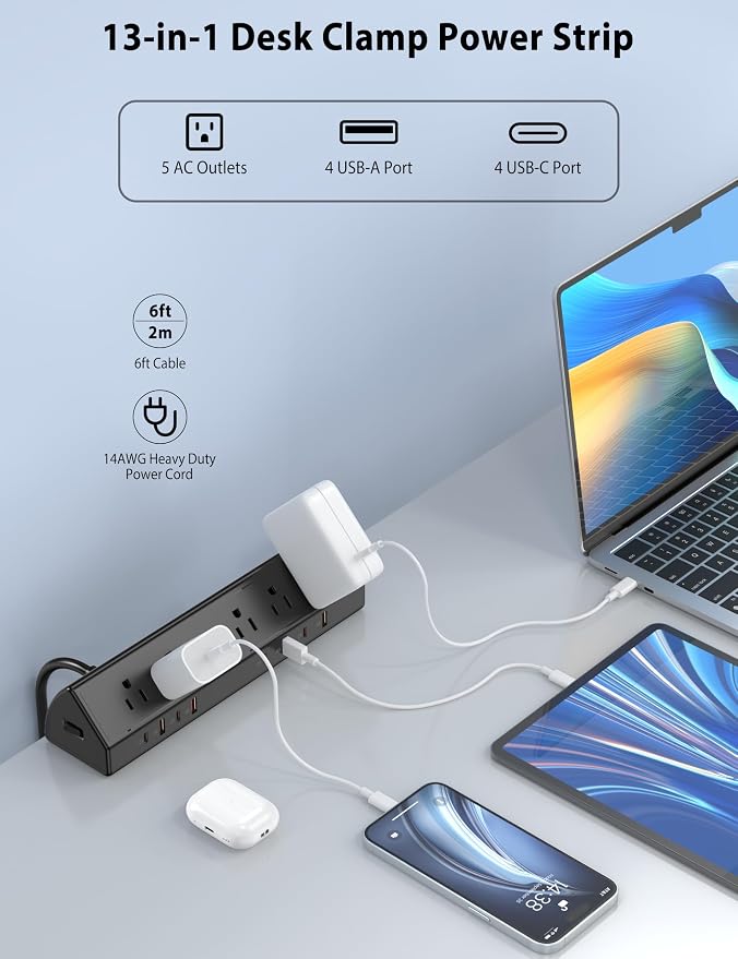 Jgstkcity Desk Clamp Power Strip, Edge Mount, 4 USB C, Fit 1.96'' Tabletop - Image 4