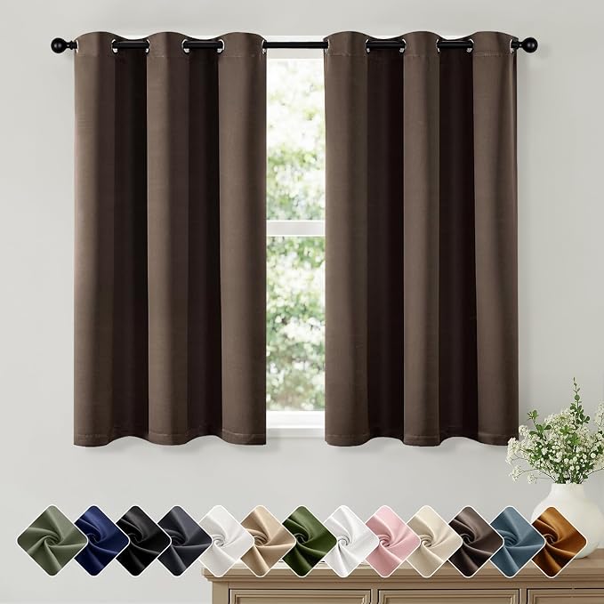 Short Chocolate Brown Blackout Kitchen Curtain W40 x L45 Inch | 2 Panels by Woaboy