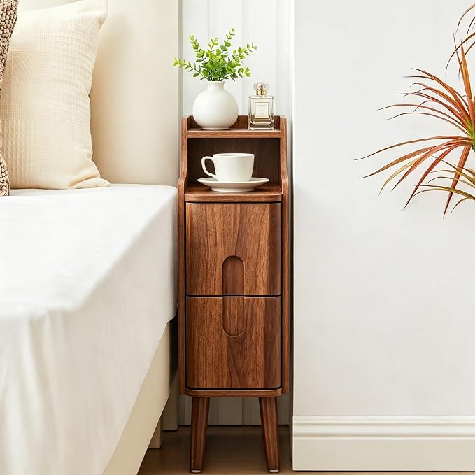 FurSch Narrow Nightstand, Wooden 2 Drawer, Skinny Bedside Table, Mid Century - Image 9