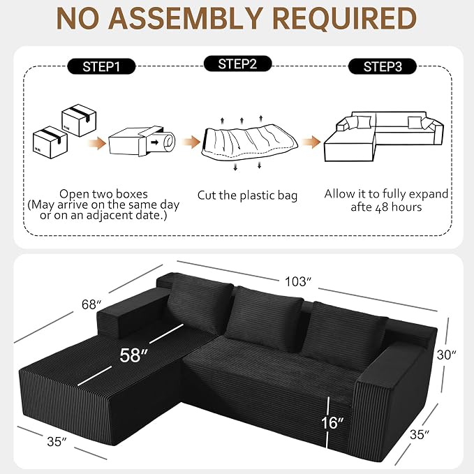Nigoone 103" Sectional Couch for Living Room, Modular L Shaped Black Couches - Image 2