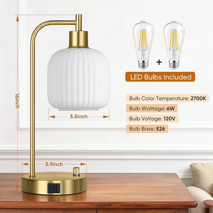 Cream Glass Table Lamps Set of 2, Dimmable Bedside Lamps - Image 3