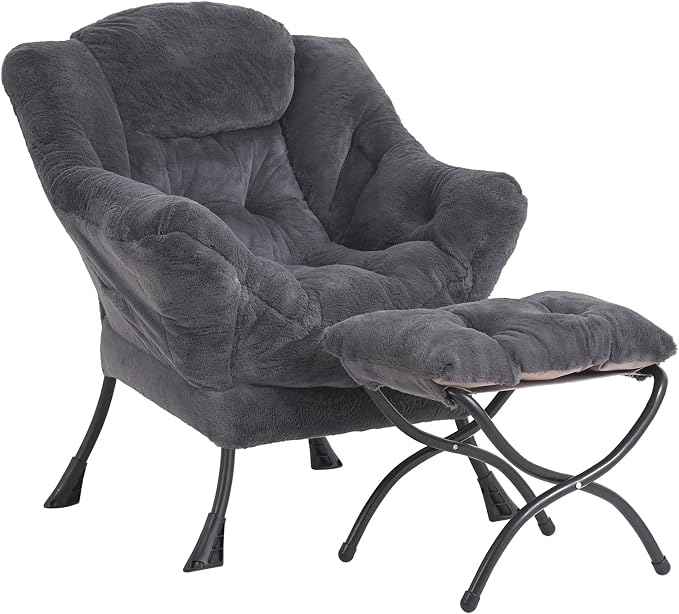 Lazy Chair with Ottoman, Comfy Accent Reading Chair, Plush Navy | Foldable by LITA