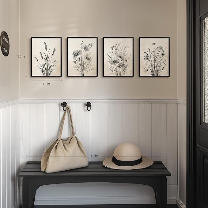 Framed Vintage Rustic Farmhouse Botanical Floral Wall Art, 4 Piece 11x14 In | - Image 4