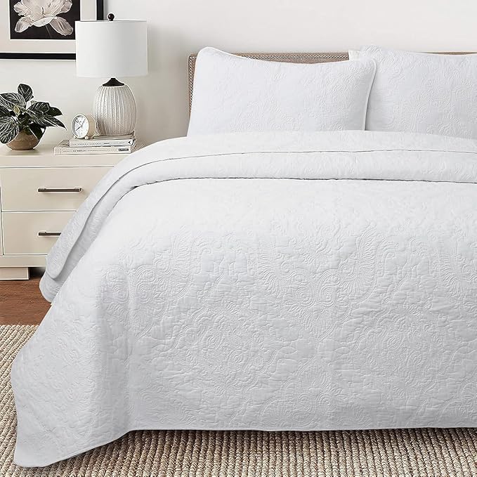Cozy Line Home Fashions Solid White 100% Cotton Quilt Set, Queen | 3-Piece by CozyLineHomeFashions
