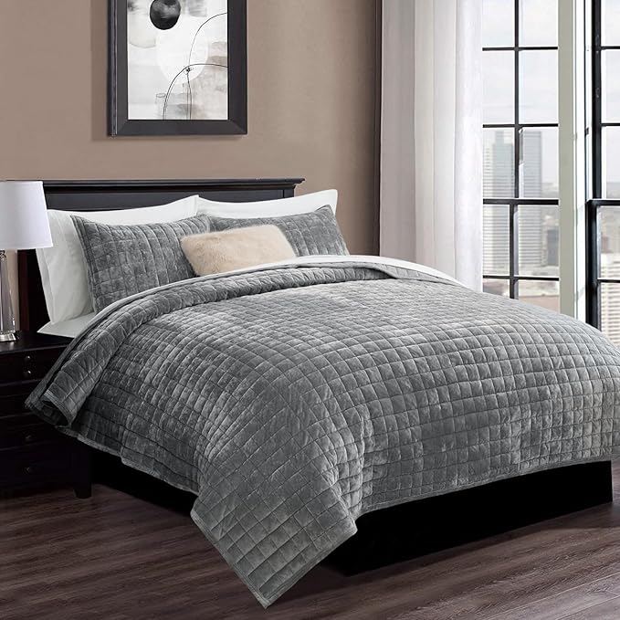 RECYCO Channel Box Stitch Velvet Quilt Set, Full Queen Size, Luxury Oversized by RECYCOHOMECOLLECTION