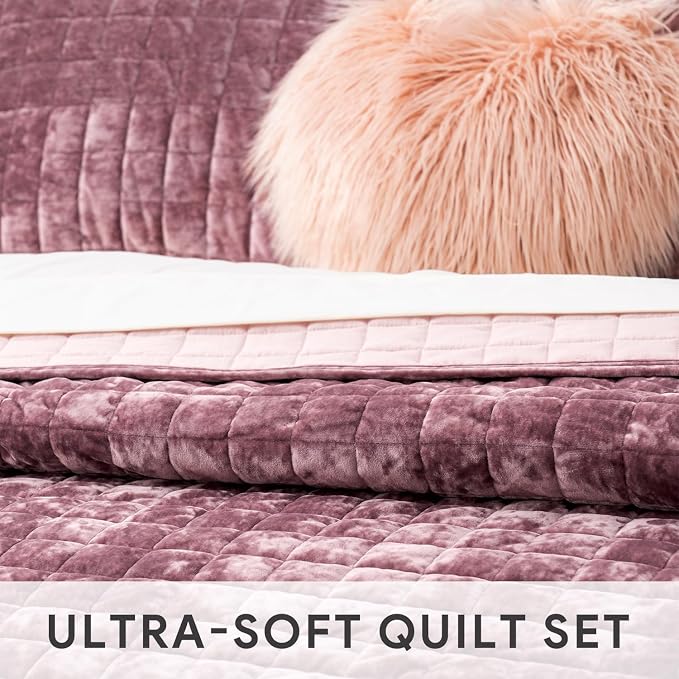 RECYCO Channel Box Stitch Velvet Quilt Set, King Size, Dusty Mauve Pink | Ultra - Image 5
