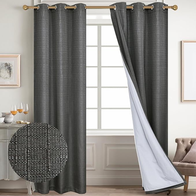 Diraysid 100% Blackout Curtains Dark Grey Linen Curtains - Image 2