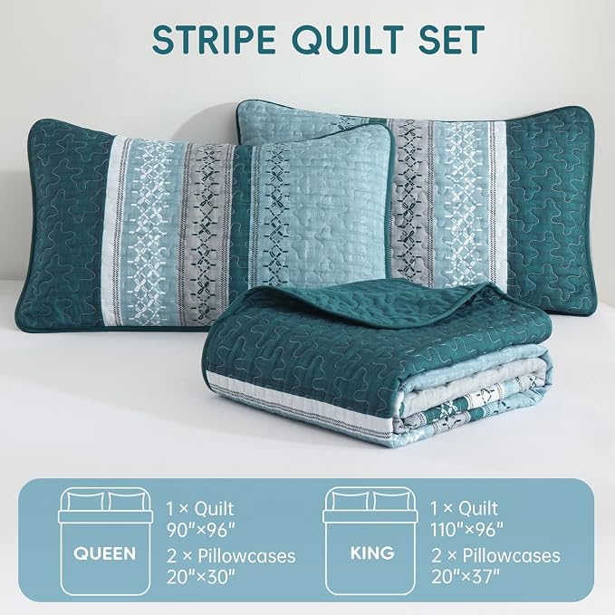 Cottolester Teal Quilt Set Queen Size, Soft Striped Texture Quilt Set 3 Pcs | - Image 7