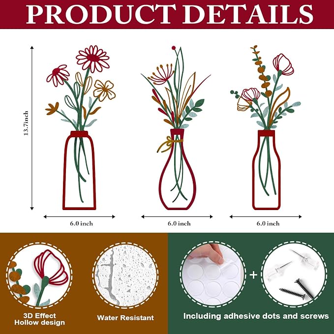 Pigort 3 Pieces Metal Vase Flowers Wall Arts - Image 2
