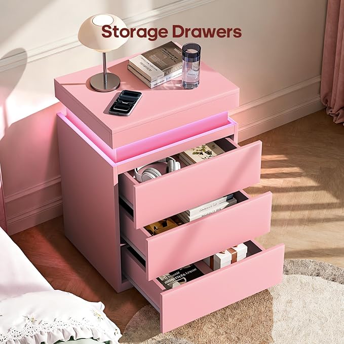 ADORNEVE Pink Nightstand with Charging Station and LED Lights | Night Stand - Image 5