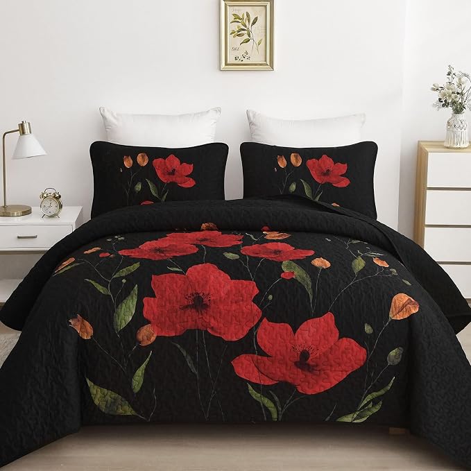 Mybedsoul Floral Quilt Set King Size, 3 Pieces Black Bedspread Coverlet Set by Mybedsoul