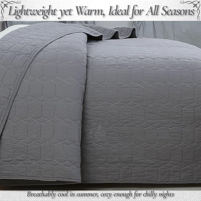 Cozy Line Home Fashions 100% Cotton Quilt Set – 3-Piece Charcoal Gray Solid - Image 3