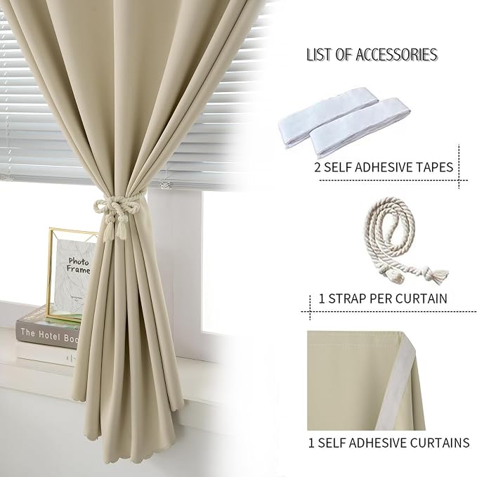 Thermal Blackout Curtains with Self-Adhesive Tape, No Rod No Drill Easy Install - Image 6